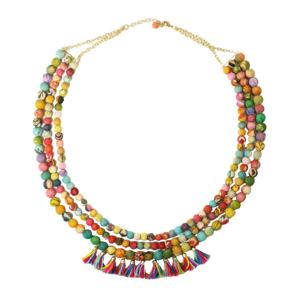 Necklace - Worldfinds Kantha Triple Layer Fringe Necklace - Girl Intuitive - WorldFinds -