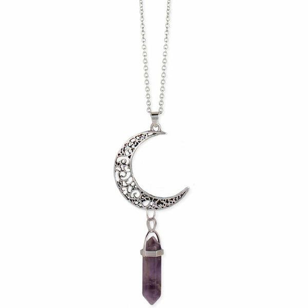 Necklace - Zad Moon Drop Silver Stone Long Necklace - Girl Intuitive - zad - Purple