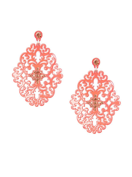 earrings - Zenzii Large Brocade Resin Earrings With Crystal Embellishment - Girl Intuitive - Zenzii - 3" / Orange